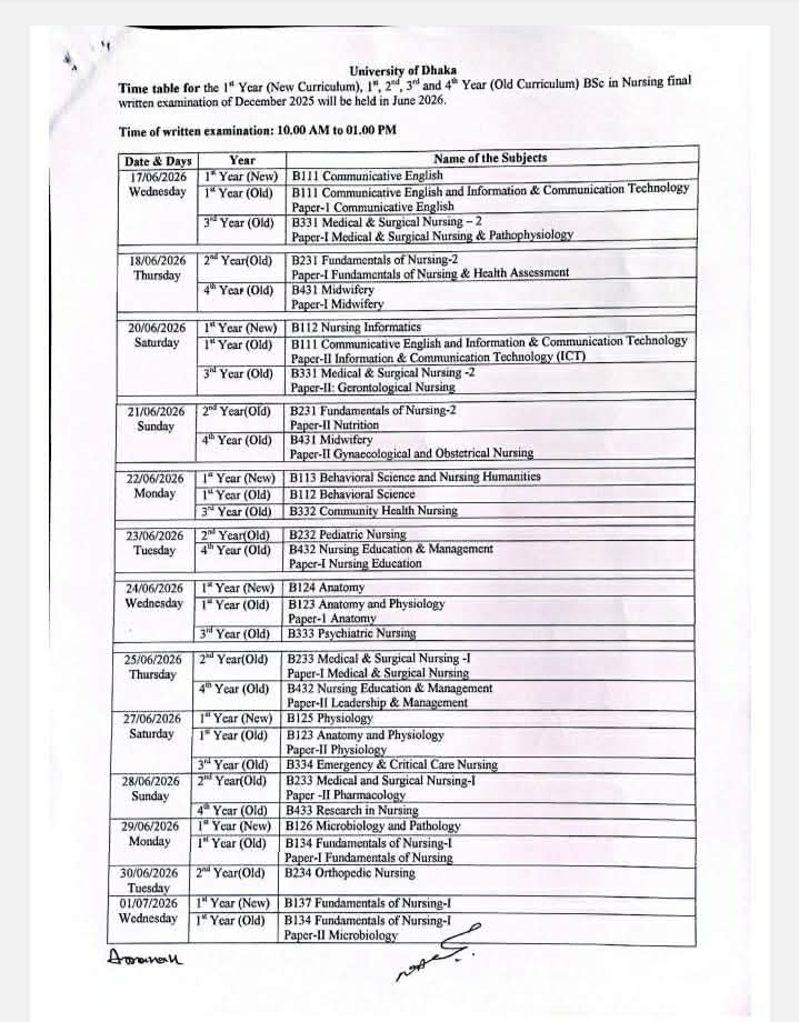 Bsc in Nursing(1st,2nd,3rd & 4th year) DU final Exam Routine